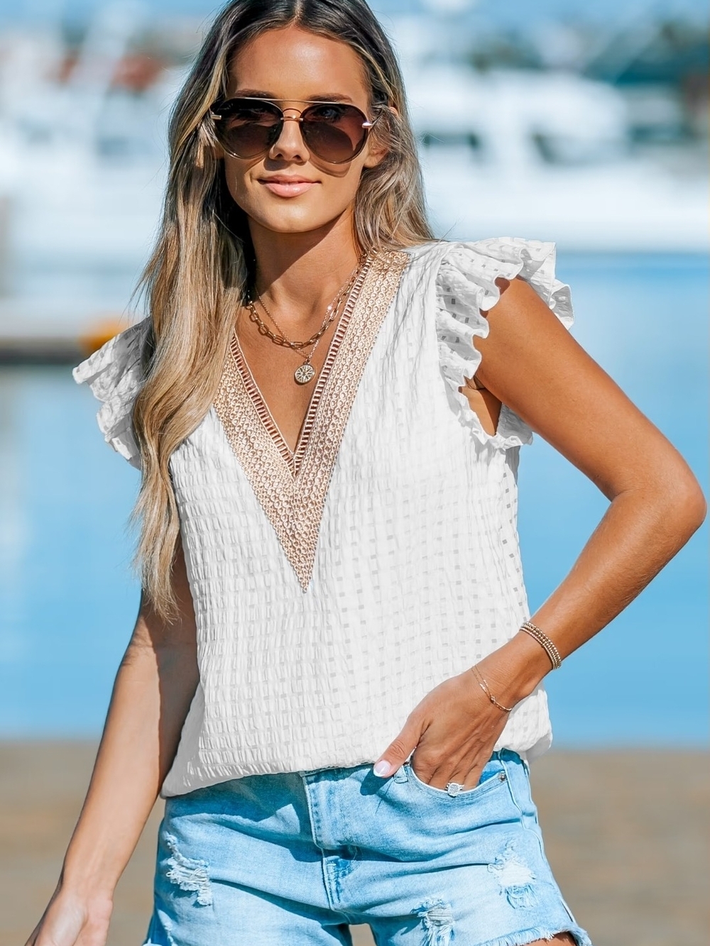 Sleeveless V-Neck Ruffle Shoulder Top with Crochet Trim - White